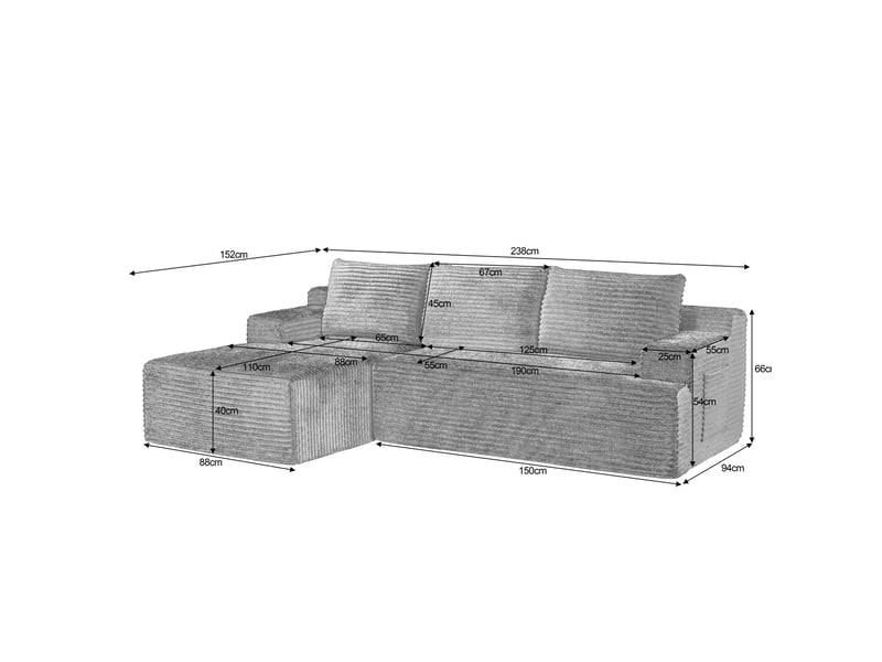  Canapé d'angle modulable 4 places 238 x 152 x 66 cm noir en velours côtelé, assise profonde sans montage  - Conforama B