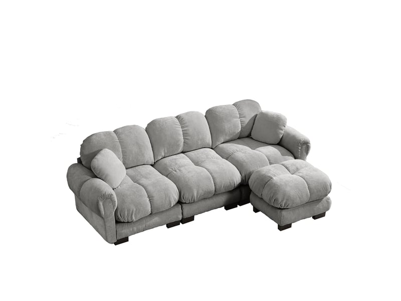  Canapé d'angle modulable 3 places modenvie avec ottomane mobile, tissu chenille gris clair, assises capitonnées, 260 x 149 x 90 cm  - Conforama A