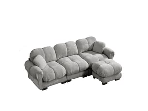 Canapé d'angle modulable 3 places modenvie avec ottomane mobile, tissu chenille gris clair, assises capitonnées, 260 x 149 x 90 cm