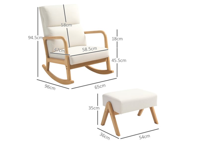  Fauteuil à bascule crème aspect lin avec repose-pieds, pieds en bois, charge 150 kg, salon et chambre  - Conforama C