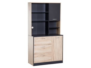 Armoire de cuisine multi-rangements 2 portes 3 tiroirs 3 étagères + grand plateau 90l x 39l x 169h cm bicolore chêne clair noir