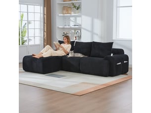 Canapé modulaire 3 places en velours côtelé avec repose-pieds 268 x 174 x 80 cm porte-gobelet