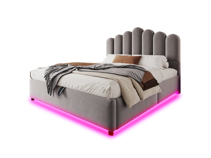  Lit capitonné 140×200 cm, relevage hydraulique, éclairage led, tête de lit confortable, velours gris  - Conforama A