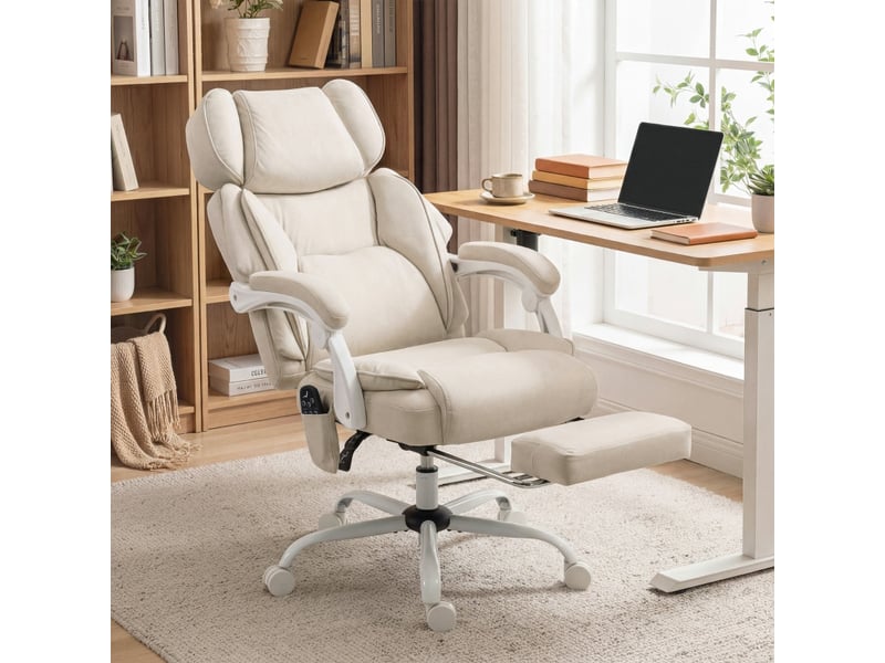 Fauteuil de bureau massant aubvaria ergonomique inclinable avec repose pieds blanc crème - Conforama C
