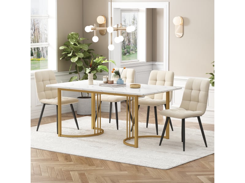 Ensemble salle à manger 5 pièces - table 140x80 cm, 4 chaises, plateau mdf blanc, pieds métal doré, velours beige - Conforama B
