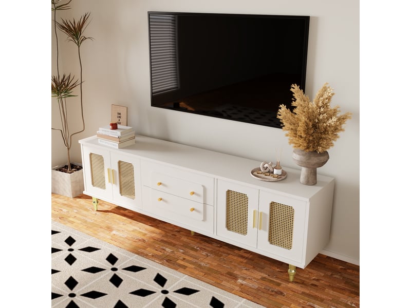  Meuble tv bas 160 cm rétro chic rotin naturel, poignées dorées, pieds métal  - Conforama D