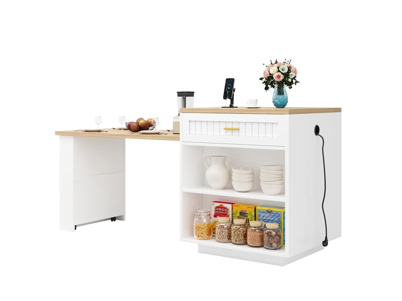  Îlot de cuisine extensible 121,5 à 192 cm avec prise intégrée, blanc, mdf et métal  - Conforama A