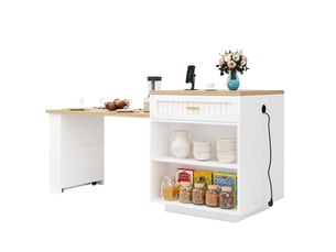 Îlot de cuisine extensible 121,5 à 192 cm avec prise intégrée, blanc, mdf et métal