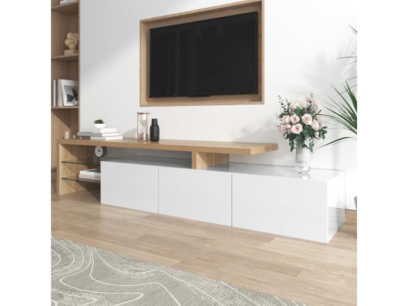  Meuble tv design moderne : élégance raffinée, rangement pratique, blanc brillant, aspect bois, étagères en verre, éclairage led  - Conforama E