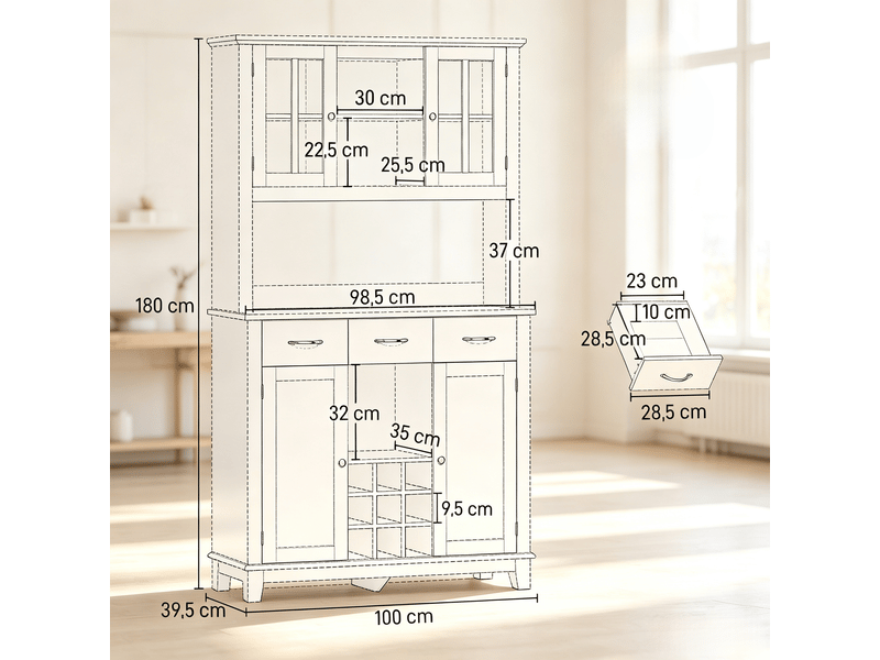 Buffet de cuisine avec 4 portes, 3 tiroirs, 3 niches, casier à bouteilles, led, blanc et chêne, 100 × 39,5 × 180 cm - Conforama D