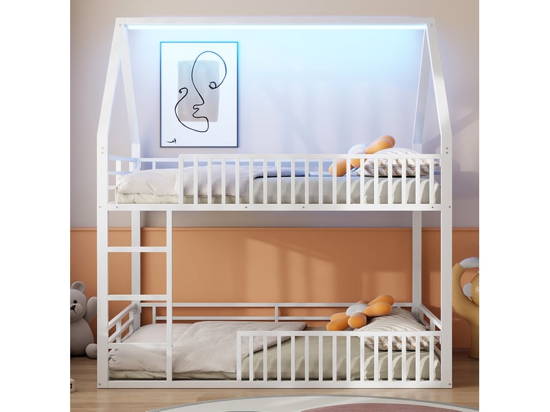  Lit superposé cabane 140x200 cm en métal blanc avec éclairage led  - Conforama D