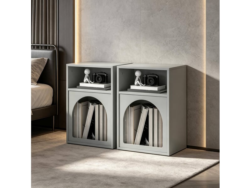  Tables de chevet tcqpz lot de 2 40 x 30 x 60 cm rangements ouverts mdf gris design arrondi  - Conforama E