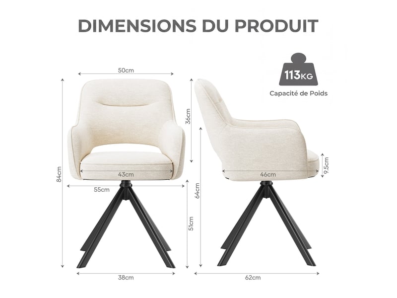  Lot 4 chaise pivotante premium avec demi-accoudoirs - base métallique haute stabilité - beige  - Conforama C