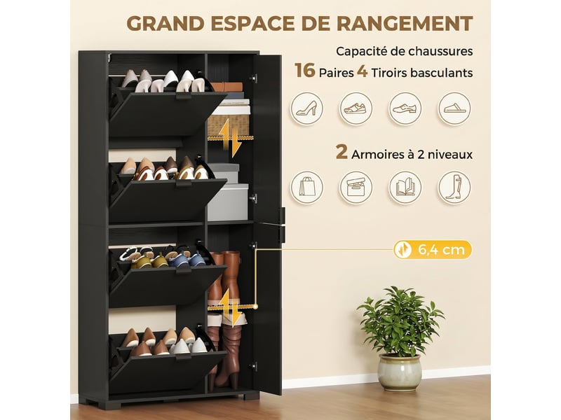  Meuble à chaussures 4 tiroirs rabattables 2 portes miroir mdf noir 82x30x168 cm  - Conforama E