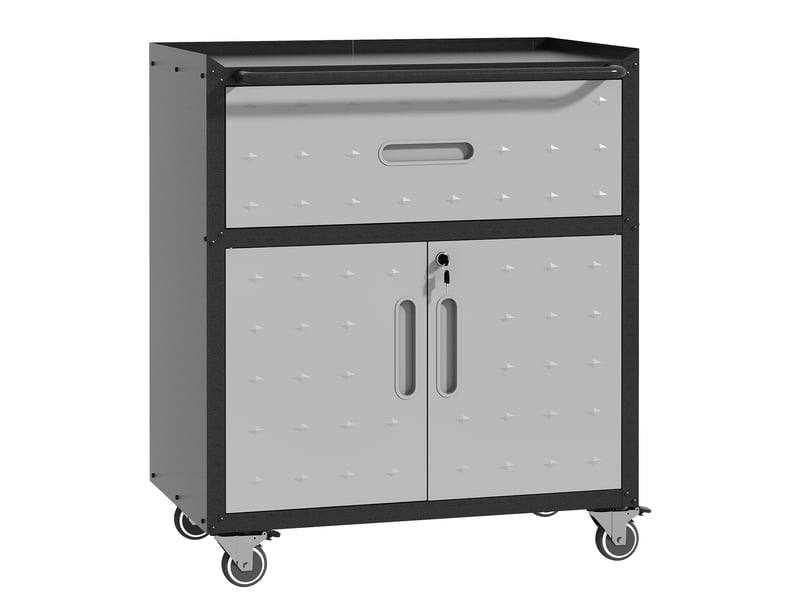Armoire à outils métallique 75 x 42 x 88 cm – noir et gris – 1 tiroir, 2 portes verrouillables sur roulettes - Conforama A