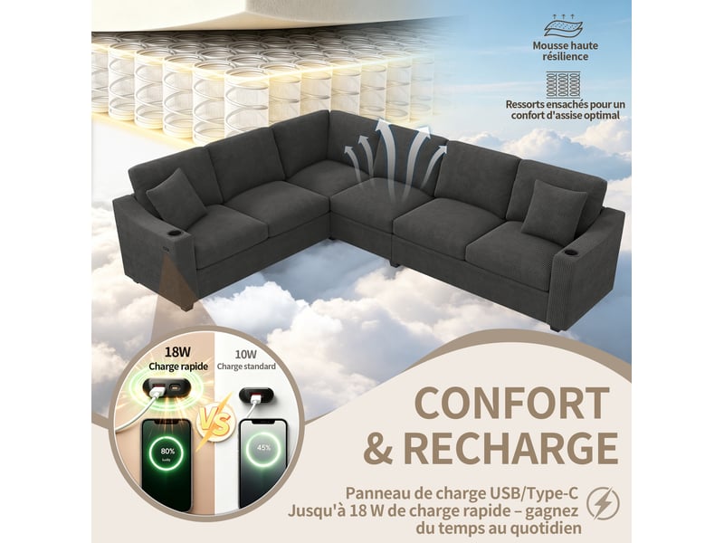  Canapé d'angle modulaire 6 à 7 places avec ports usb et usb-c, porte-gobelets et coussins en velours côtelé gris  - Conforama E