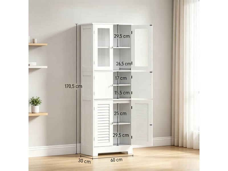  Colonne salle de bain sur pied, 6 portes dont 2 vitrées et 2 coulissantes, étagères réglables  - Conforama C