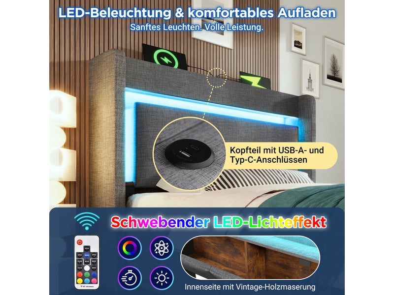  Lit capitonné, lit enfant 90x200 cm, rangement hydraulique, tête de lit avec rangement, led, usbusb-c, lin gris, matelas inclus  - Conforama W