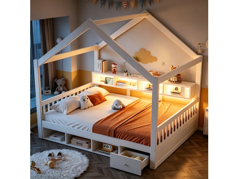 Lit cabane 140x200 cm avec rangements, led et prises, blanc  - Conforama B