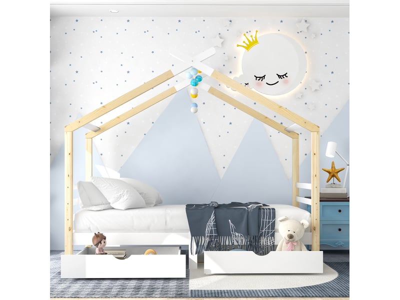  Lit cabane enfant 90x200 cm avec tiroirs, sommier, pin et mdf, blanc et bois  - Conforama E