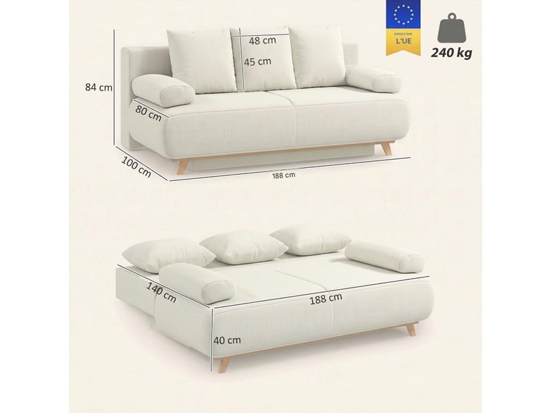 Canapé convertible 3 places avec coffre velours côtelé beige 188x100x84 cm  - Conforama C