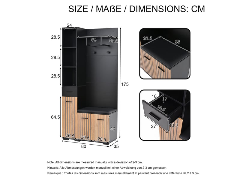  Portemanteau avec banc et rangement 80 x 175 cm en panneau de particules noir et bois  - Conforama C