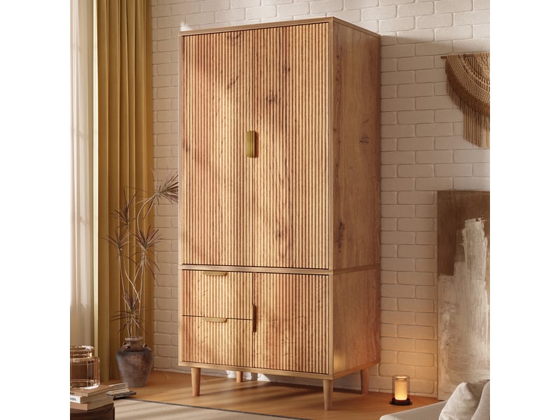  Armoire de chambre 3 portes 80x50x177 cm avec penderie et 2 tiroirs, meuble de rangement et poignées dorées - aspect chêne  - Conforama B