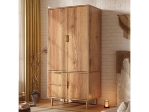 Armoire de chambre 3 portes 80x50x177 cm avec penderie et 2 tiroirs, meuble de rangement et poignées dorées - aspect chêne