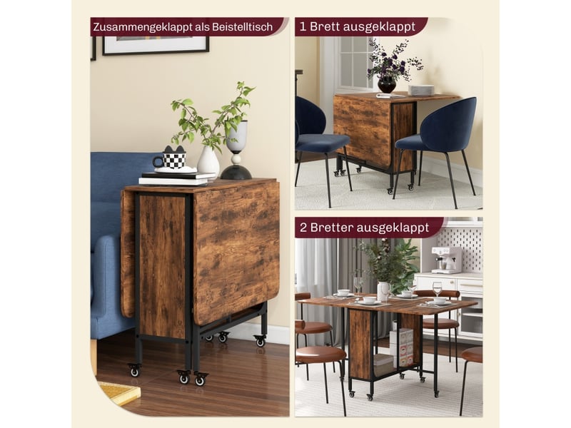  Table à manger pour 6 personnes avec plateau rabattable, rangement et 6 roulettes avec freins, en bois  - Conforama E