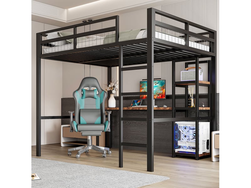  Lit mezzanine tcqpz 140 x 200 cm en métal noir avec bureau étagères prises usb et type-c avec échelle et garde-corps sans matelas  - Conforama B