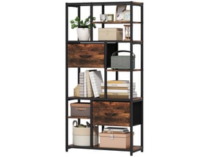 Étagère de rangement, 2 tiroirs en tissu, 9 compartiments ouverts, étagère autoportante avec structure en acier, marron et noir