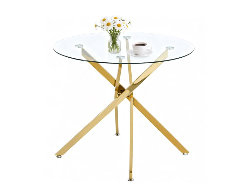  Table à manger ronde – plateau en verre trempé et pieds métalliques dorés – ø 80 x h 76 cm  - Conforama A