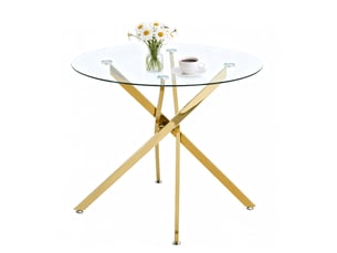 Table à manger ronde – plateau en verre trempé et pieds métalliques dorés – ø 80 x h 76 cm