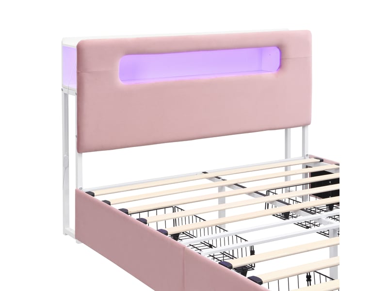 Lit enfant capitonné 140x200 cm avec 4 tiroirs et led contrôlée par application, velours rose, sans matelas - Conforama R