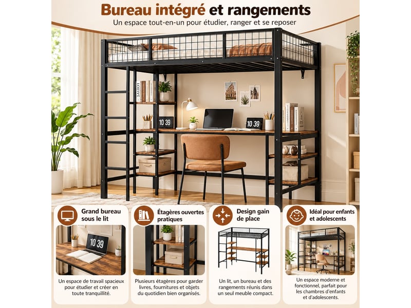  Lit mezzanine enfant 90 × 200 cm avec bureau, étagères, échelle 4 marches et garde-corps, métal et bois foncé, noir  - Conforama B