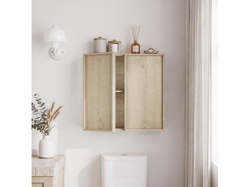 Armoire de salle de bain murale 2 portes sans poignées, rangement fermé, en mdf aspect chêne, 60 × 21,6 × 58 cm - Conforama D