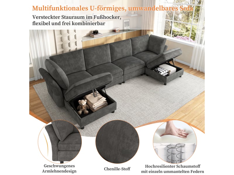  Canapé d'angle, canapé modulable, 6 places, en tissu chenille, gris, avec pouf, style cloud, pour salon, appartement, chambre  - Conforama E