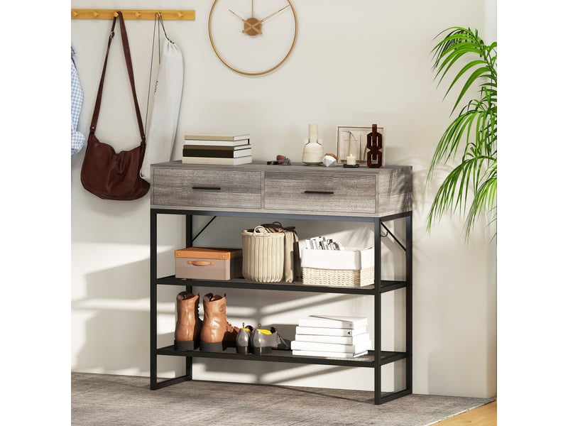  Console d'entrée avec 2 tiroirs, 2 étagères et crochet latéral, en bois et métal, 100 x 35 x 92 cm, noir et bois  - Conforama C