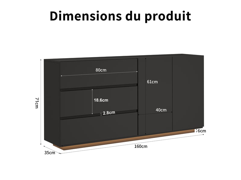 Kefsr buffet noir brillant avec led - meuble tv & bahut moderne 2 portes 3 tiroirs, sans poignée, design laqué pour salon, salle à manger et entrée (160x35x71cm) - Conforama C