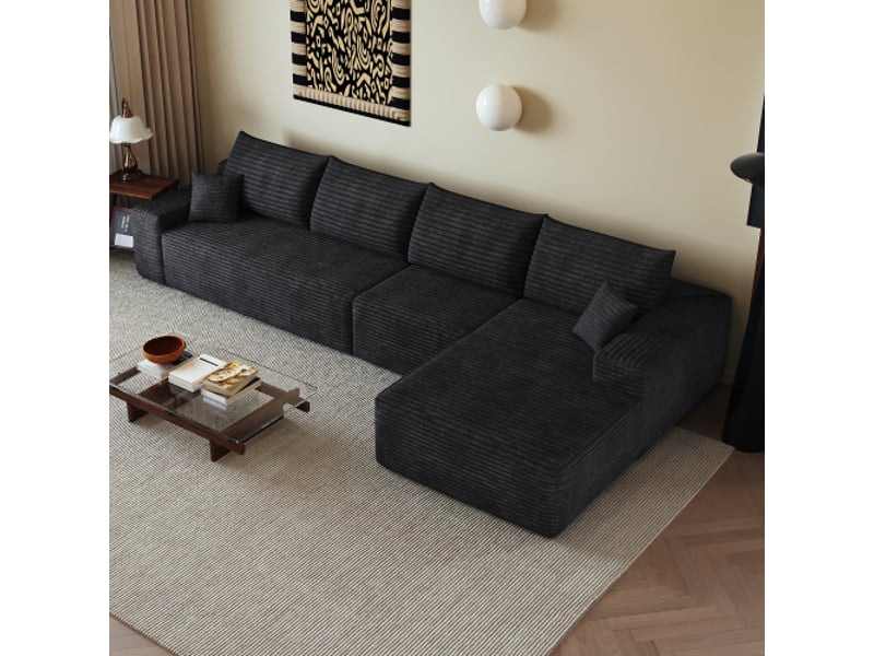  Canapé d'angle noir 340 cm modulaire - chaise-longue en l, siège profond, prêt à poser, sans montage, salon  - Conforama E