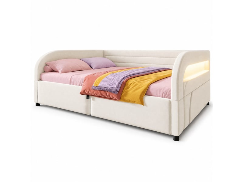  Lit coffre simple 140×200 cm avec led multicolore et rangement - okmyhome- beige, sans matelas, flanelle  - Conforama A