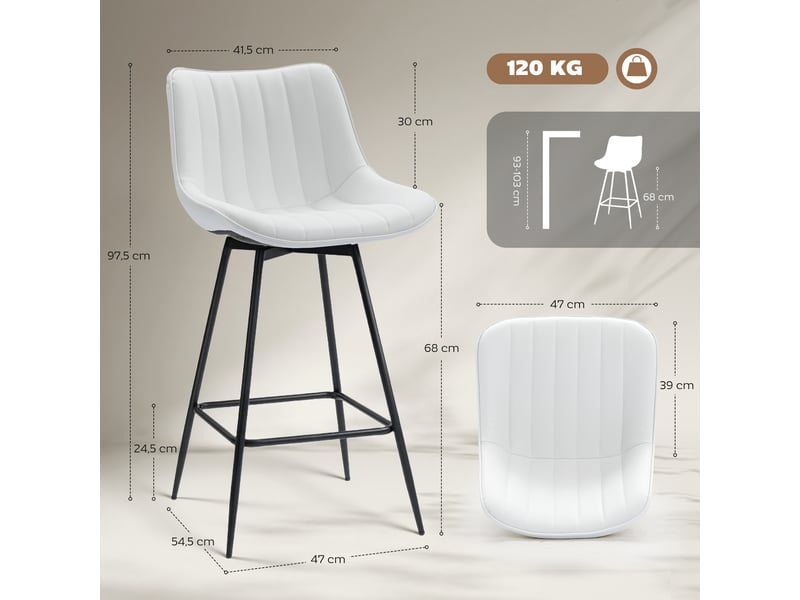  Ensemble de 2 tabourets de bar pivotants à 360°, revêtus de similicuir avec dossier et repose-pieds, blancs  - Conforama E