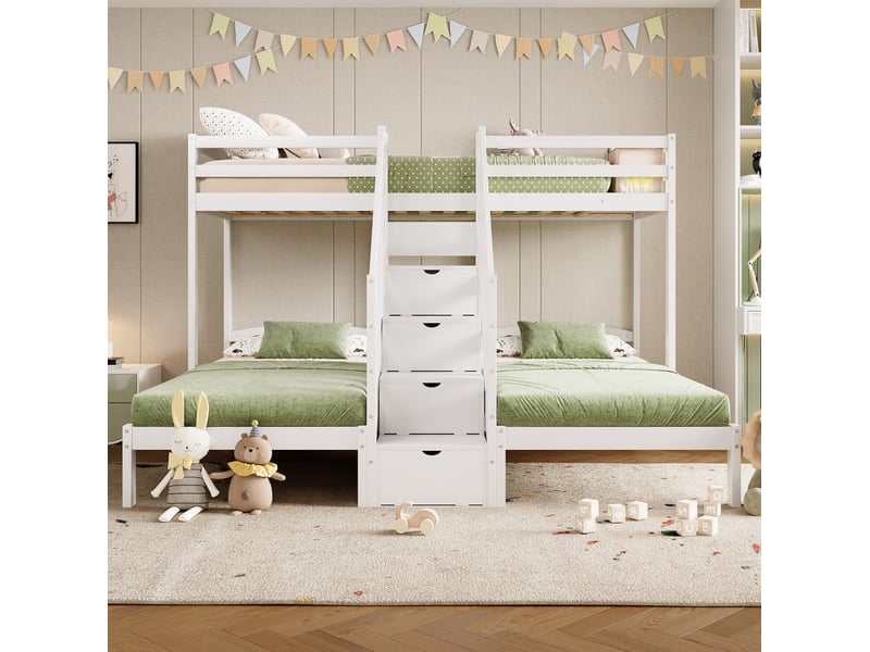 Lit superposé enfant 3 couchages 90x200 cm avec escalier de rangement blanc  - Conforama B