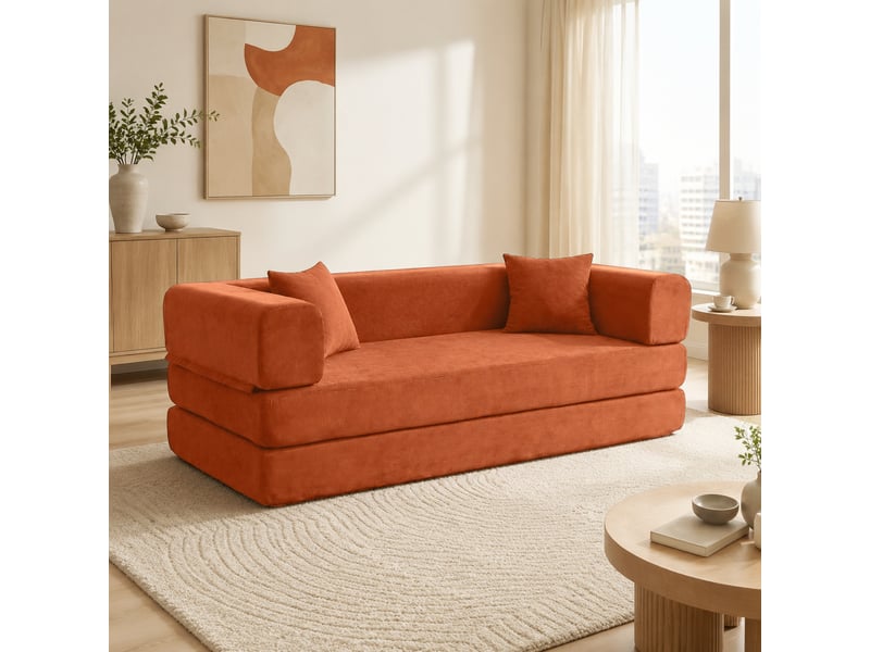  Canapé-lit convertible pliant 200x100x70 cm au sol accoudoirs repositionnables velours côtelé orange  - Conforama B