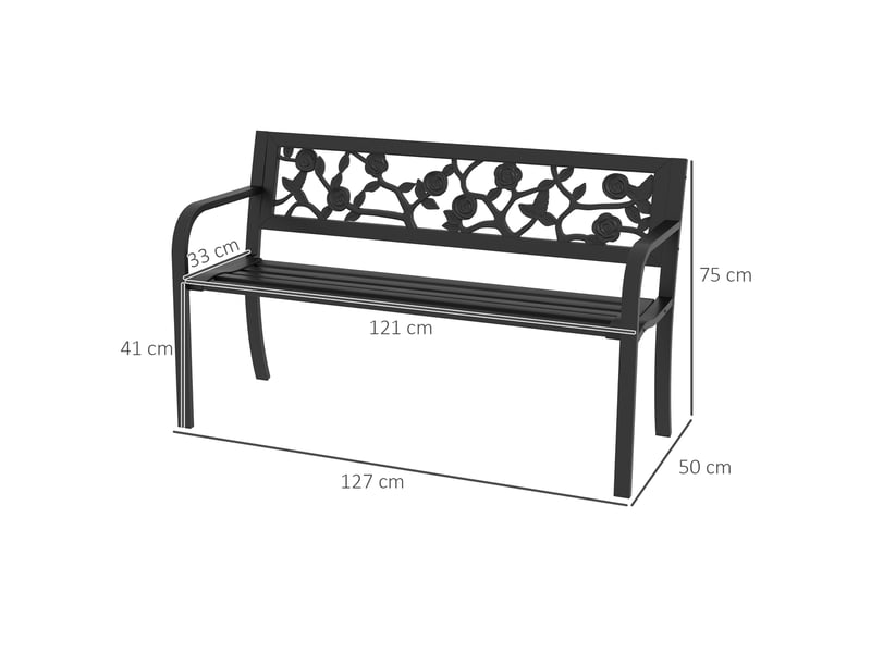  Banc de jardin 2 places en acier avec dossier et accoudoirs décorés, 127 x 50 x 75 cm, noir  - Conforama D