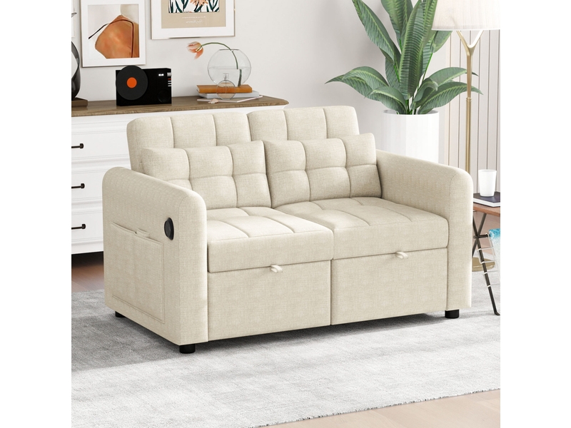  Canapé-lit convertible modenvie 3-en-1 2 places 142 x 85 x 83 cm beige avec usb et poches latérales  - Conforama D