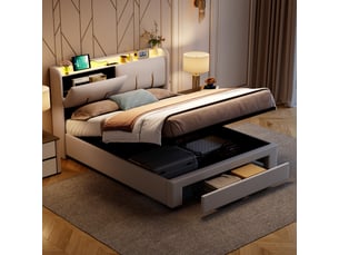 Lit coffre 140x200 velours beige avec led et port usb, lit double avec rangement hydraulique et tête de lit avec étagère
