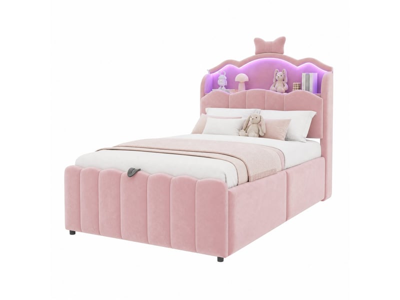  Lit coffre enfant modenvie 90 x 200 cm velours rose led usb usb-c tête de lit avec rangement  - Conforama A