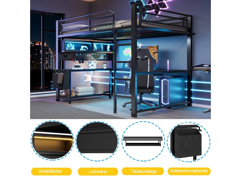  Lit surélevé gaming 140x200 cm noir, bureau, rangements, éclairage led et station de charge  - Conforama C