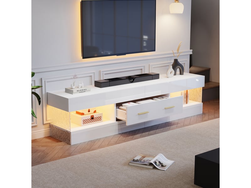  Meuble tv led 152x35x40 cm - meuble bas avec rangement ouvert et tiroirs, plateau en verre acrylique, design moderne - blanc  - Conforama E
